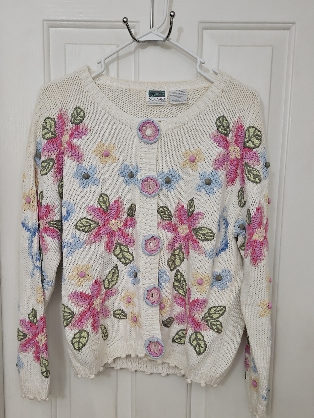 Saint Novara Eggshell Floral Hand Knitted Button-Up Cardigan Sz Med